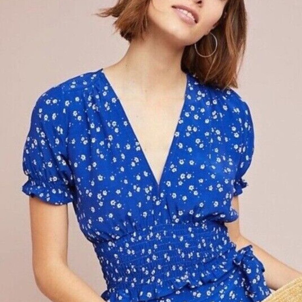 Faithfull The Brand Smocked Blue Floral First Light Betina top Sz M